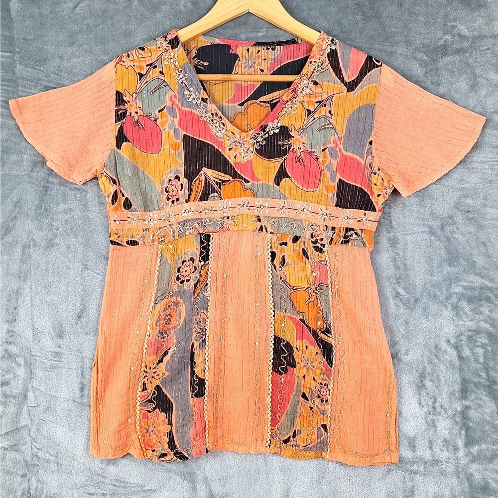 Womens Top Small Babydoll‎ Y2K Indie Boho Chic Floral Rhinestone Metallic Fairy